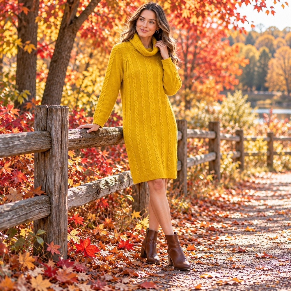 Ann Taylor Cable Knit Sweater Dress XS Mustard Yellow Cowl Neck Fall Cozy Cottag